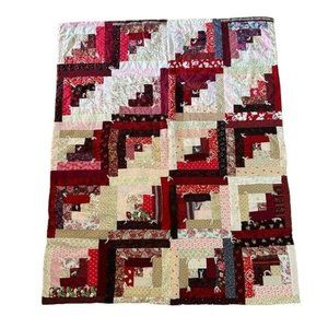 Patchwork Yarn Tied Quilt, Multiple Fabrics Red Maroon 58x46